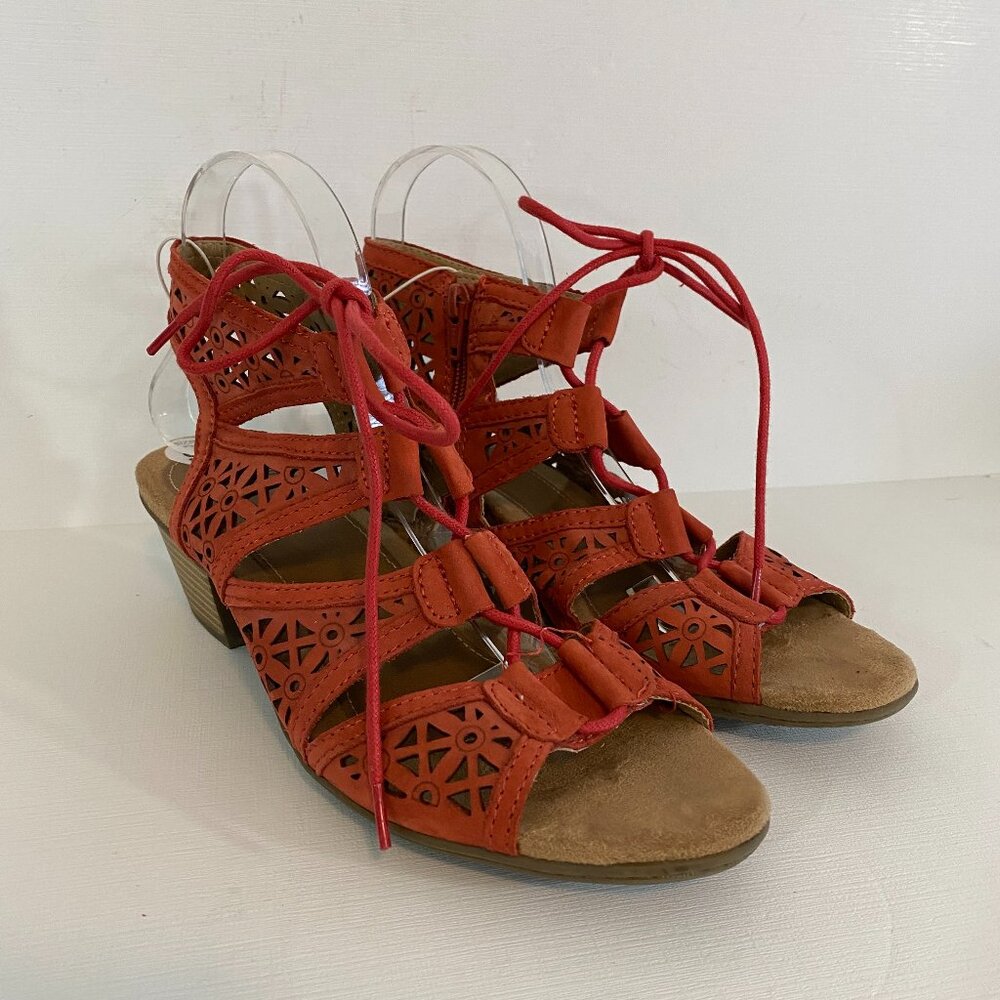 Earth Origins Carlon Carey Heeled Sandal Bright Coral Womens 9 Laser Cut